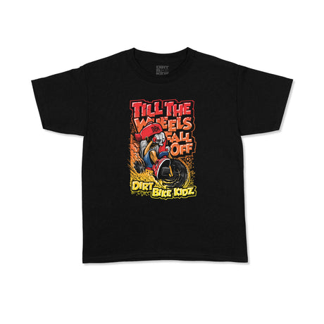 Youth black T-shirt with colorful motocross graphic and “Dirt Bike Kidz” lettering